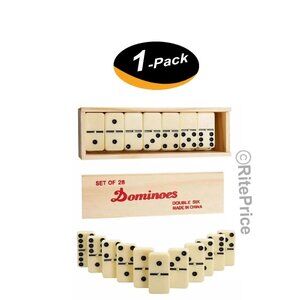 Premium Set of 28 Double Six Dominoes Wood Case Center Golden Pins for Easy Flip
